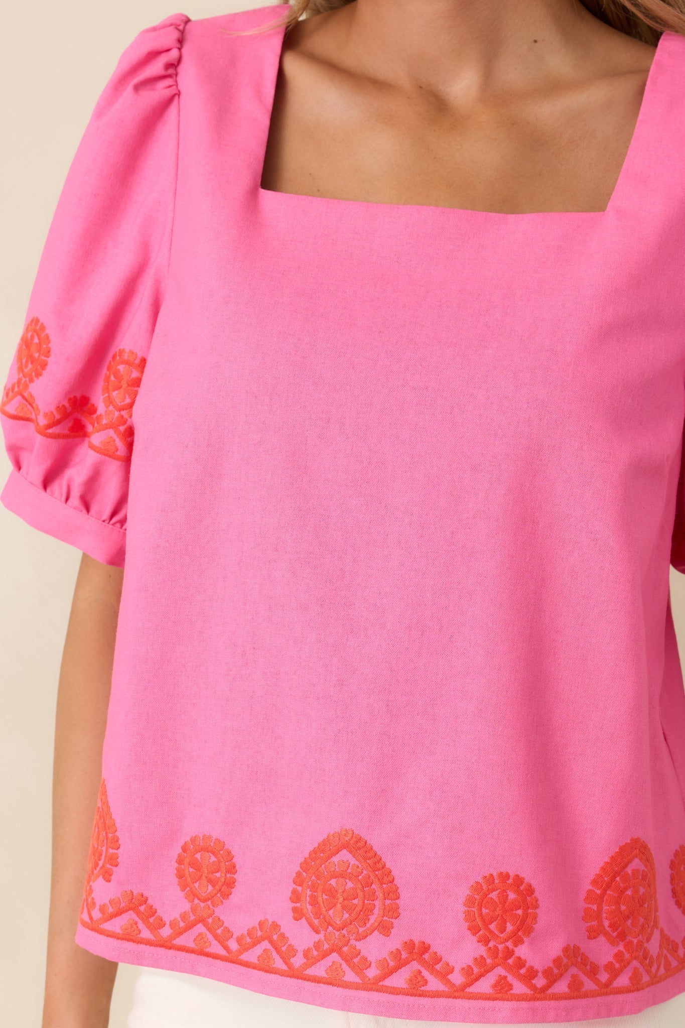 Women's Cute With a Kick Pink & Poppy Red Contrast Embroidered Top | 70% Cotton & 30% Linen 2