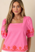 Women's Cute With a Kick Pink & Poppy Red Contrast Embroidered Top | 70% Cotton & 30% Linen 5
