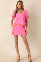 Women's Cute With a Kick Pink & Poppy Red Contrast Embroidered Top | 70% Cotton & 30% Linen 7