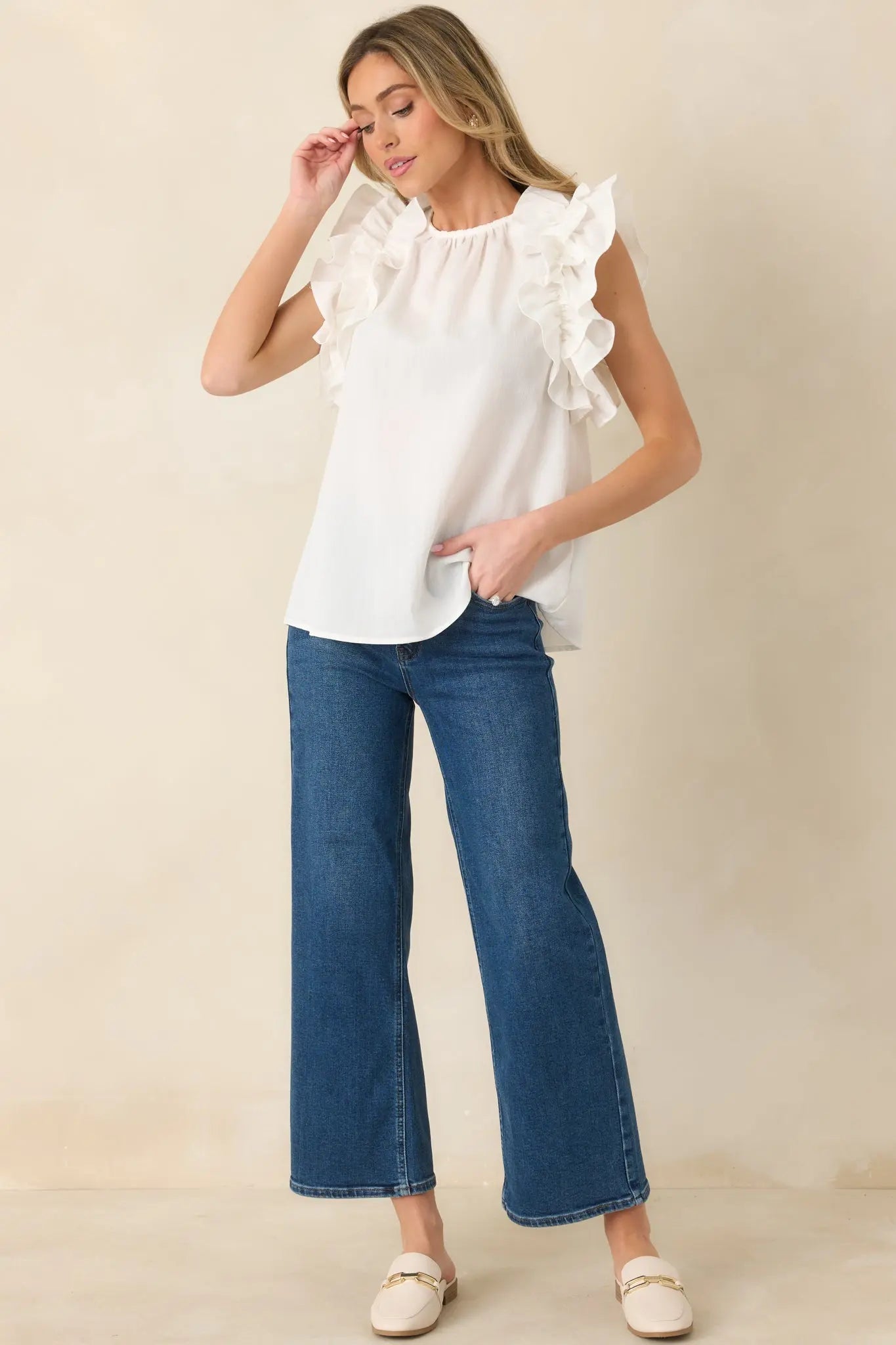 Women's Dawn Of My Heart Ivory Ruffled Top | 49% Rayon 1