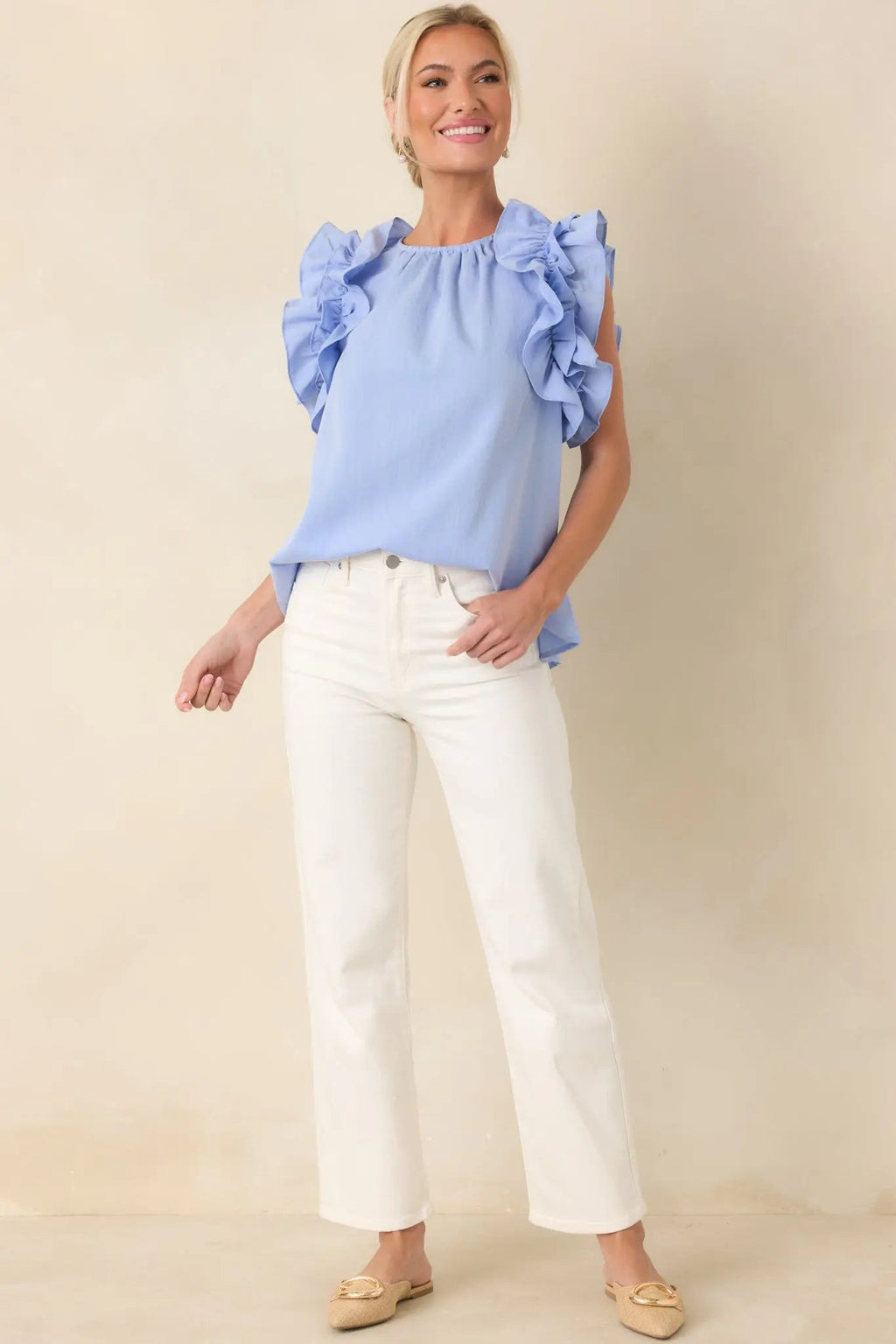 Women's Dawn Of My Heart Light Blue Ruffled Top | 49% Rayon 0