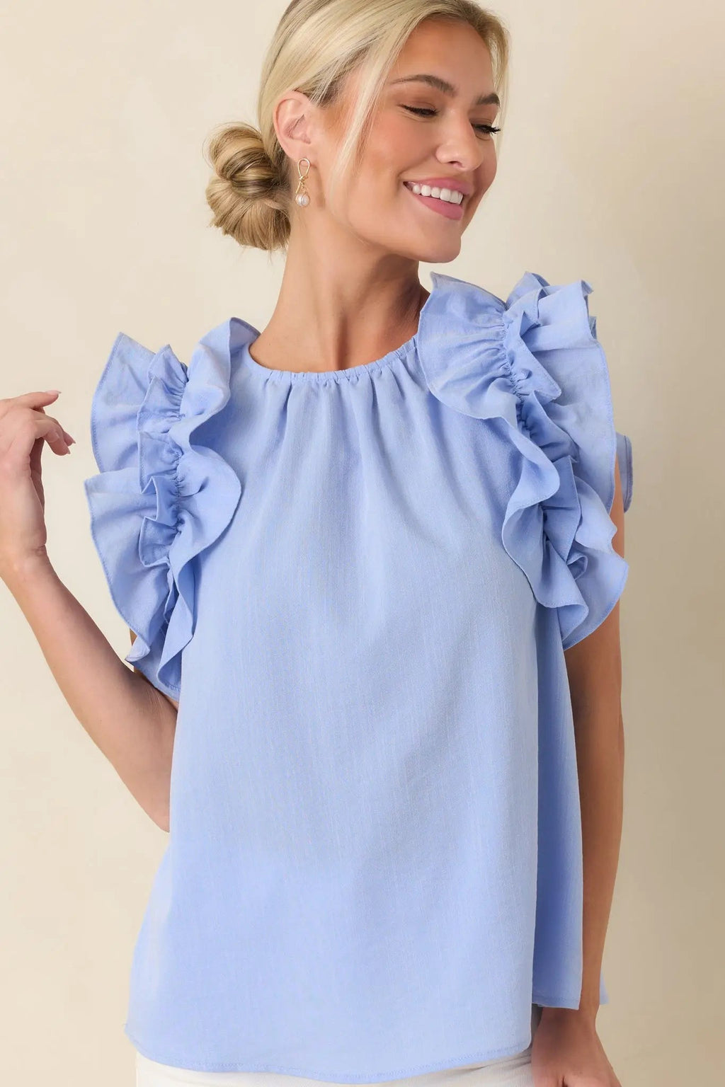 Women's Dawn Of My Heart Light Blue Ruffled Top | 49% Rayon 1