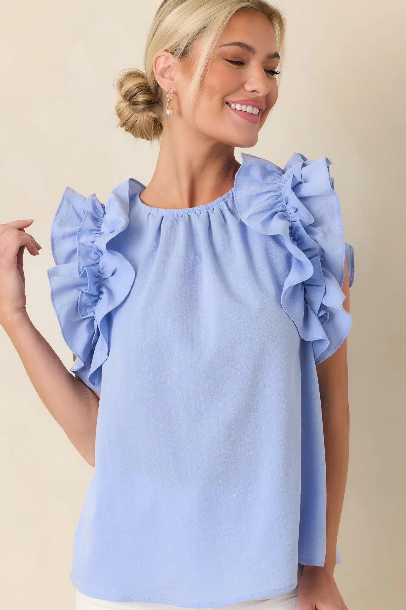 Women's Dawn Of My Heart Light Blue Ruffled Top | 49% Rayon 1