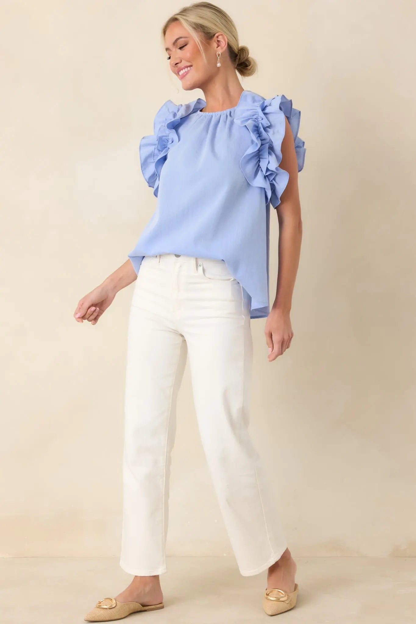 Women's Dawn Of My Heart Light Blue Ruffled Top | 49% Rayon 3