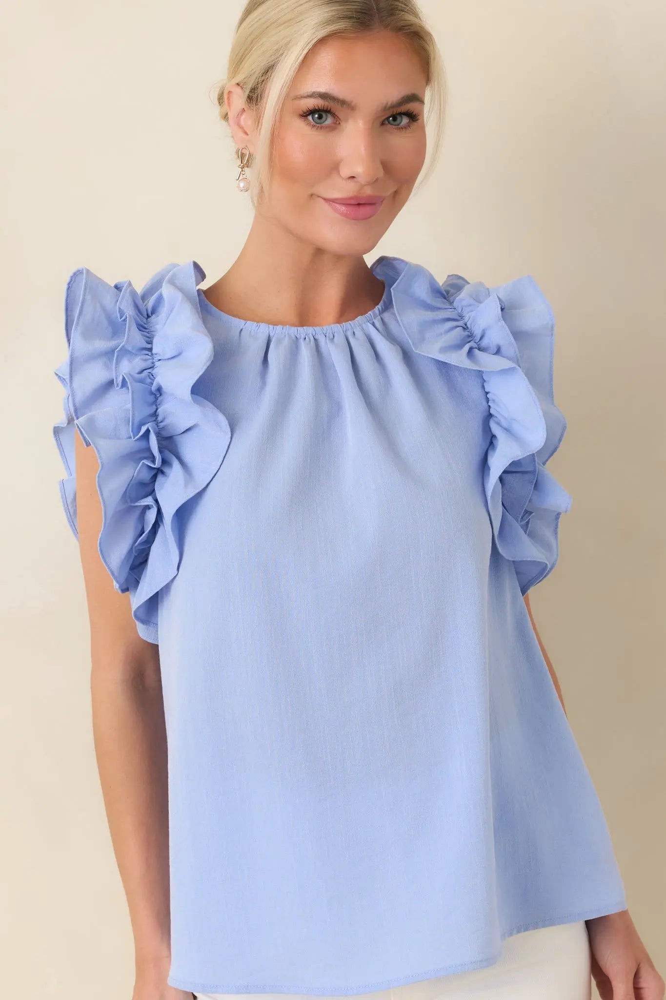 Women's Dawn Of My Heart Light Blue Ruffled Top | 49% Rayon 4