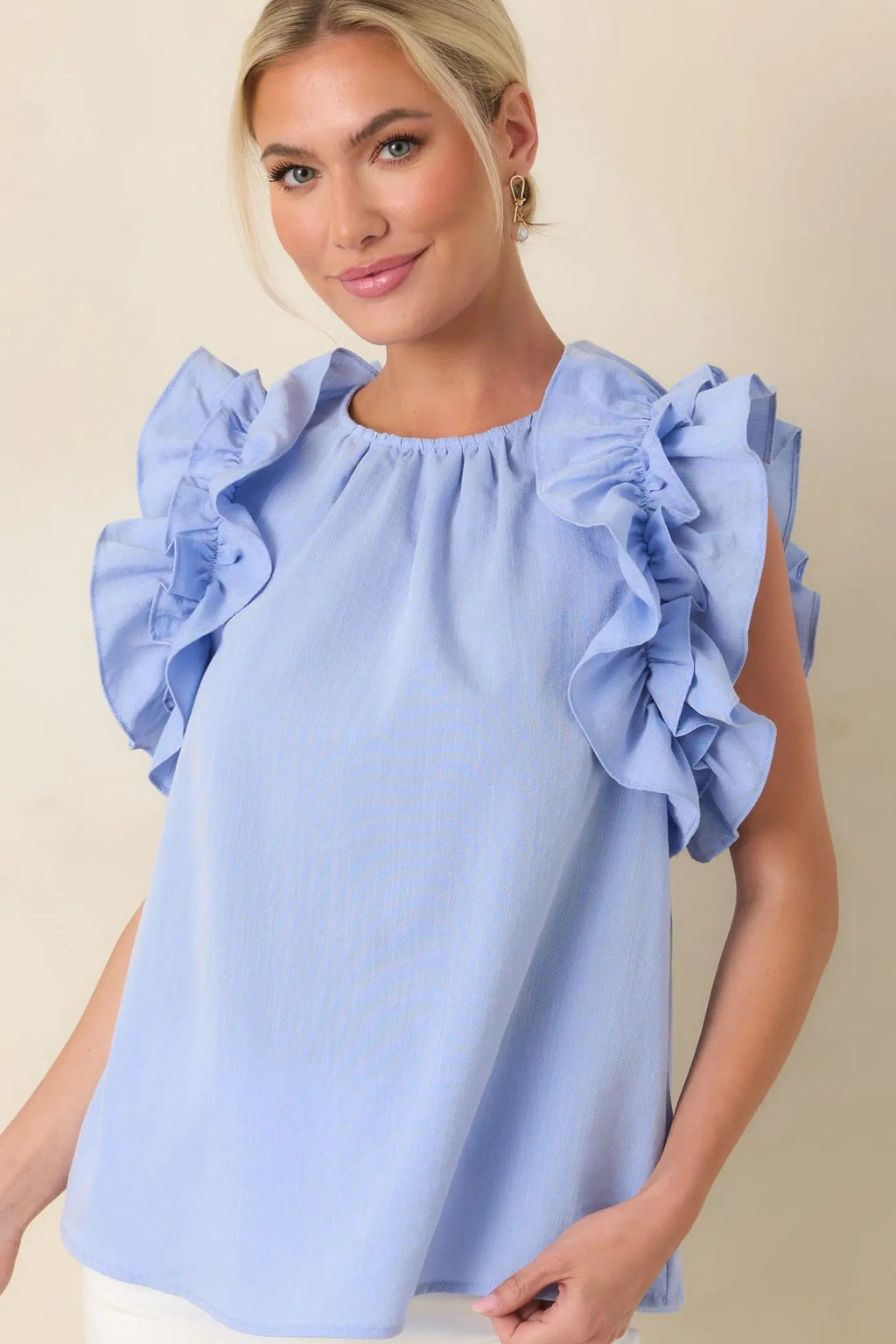 Women's Dawn Of My Heart Light Blue Ruffled Top | 49% Rayon 6