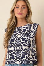 Women's Dinner On The Terrace Navy Sicilian Tile Print Sleeveless Top | 89% Viscose & 11% Nylon 4
