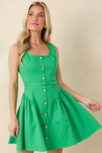 Women's Don't Be Shy Green Cotton Belted Sleeveless Mini Dress | 97% Cotton & 3% Spandex 0