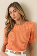 Women's Don’t Doubt It Apricot Orange Cable Knit Short Sleeve Sweater | 55% Acrylic & 45% Cotton 1