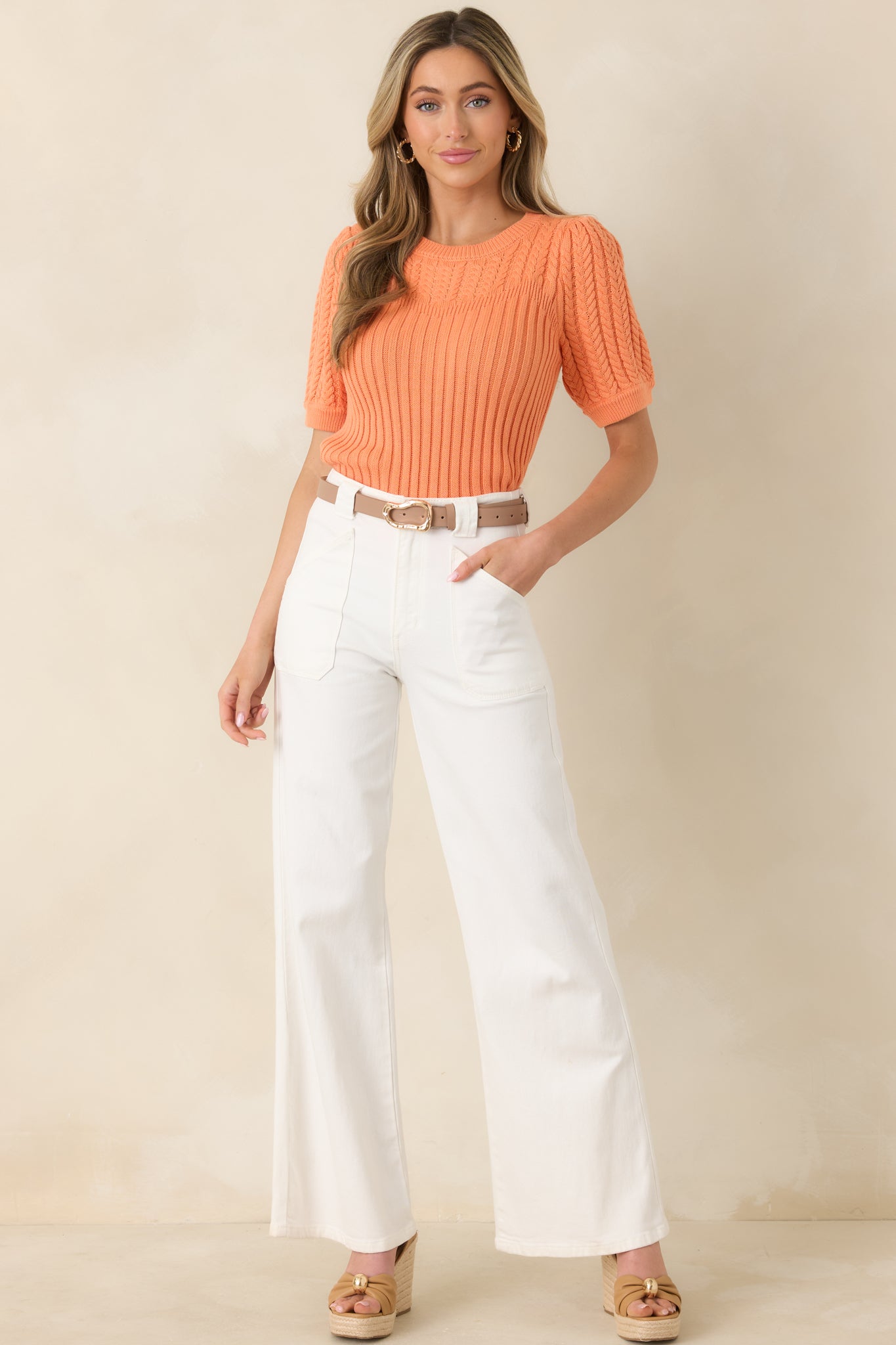Women's Don’t Doubt It Apricot Orange Cable Knit Short Sleeve Sweater | 55% Acrylic & 45% Cotton 2