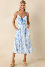 Women's Drifting With The Wind Blue Tropical Print Midi Dress | 100% Rayon 5