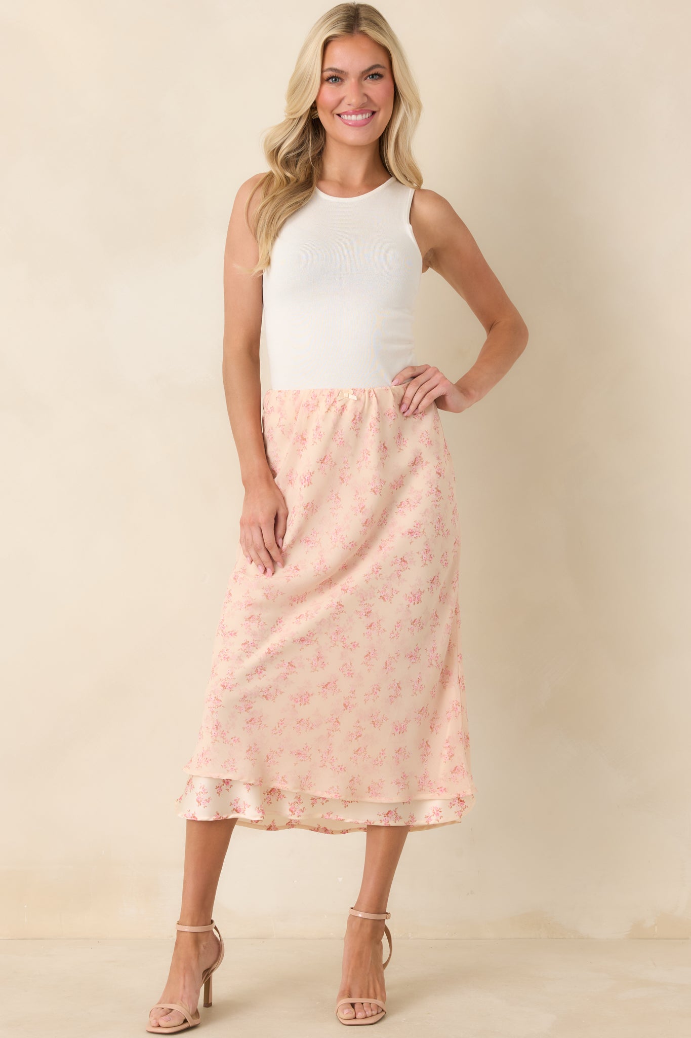 Women's Drifting in Dreams Pink Floral Chiffon Layered Midi Skirt | 100% Polyester 1