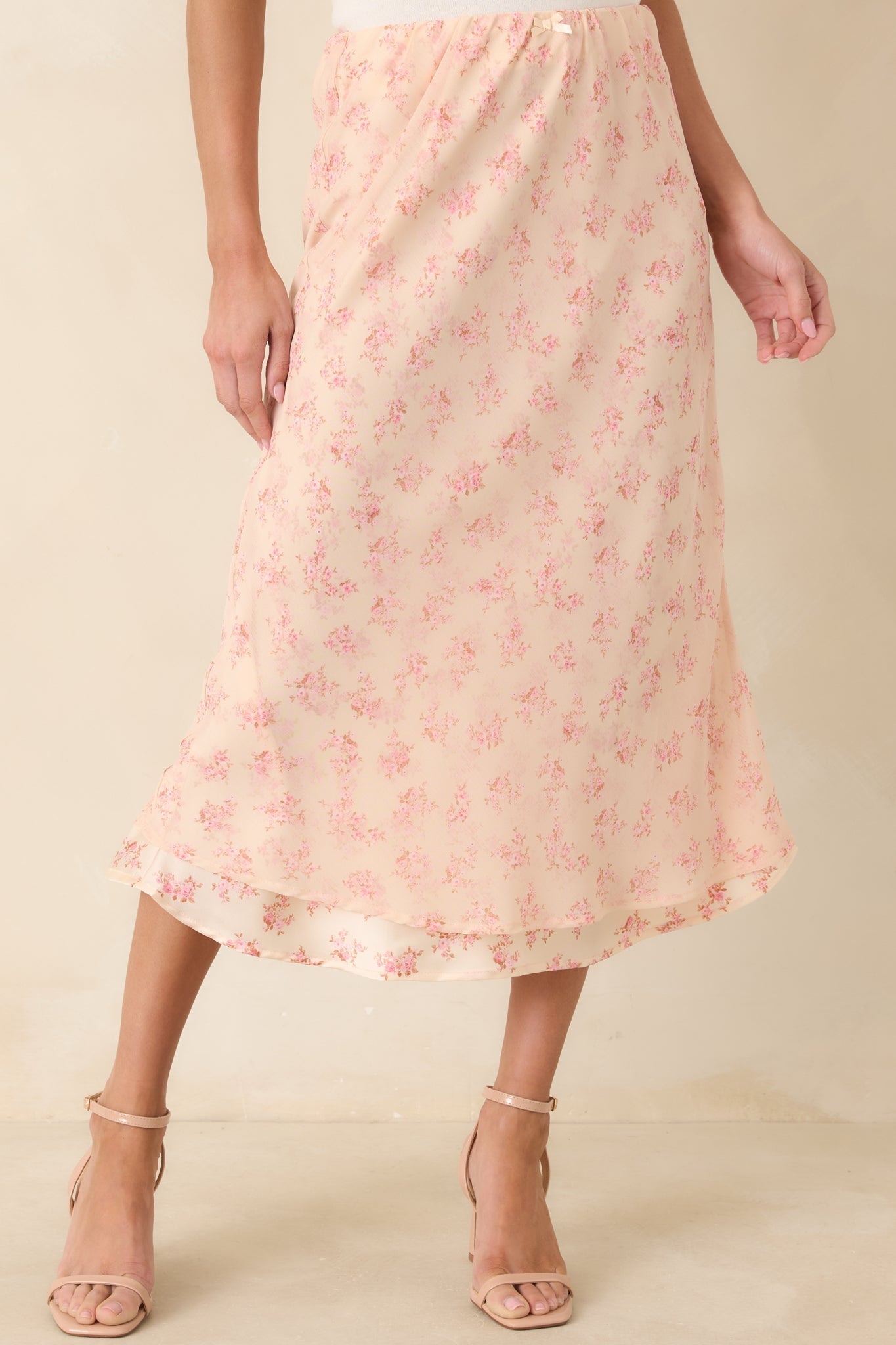 Women's Drifting in Dreams Pink Floral Chiffon Layered Midi Skirt | 100% Polyester 3
