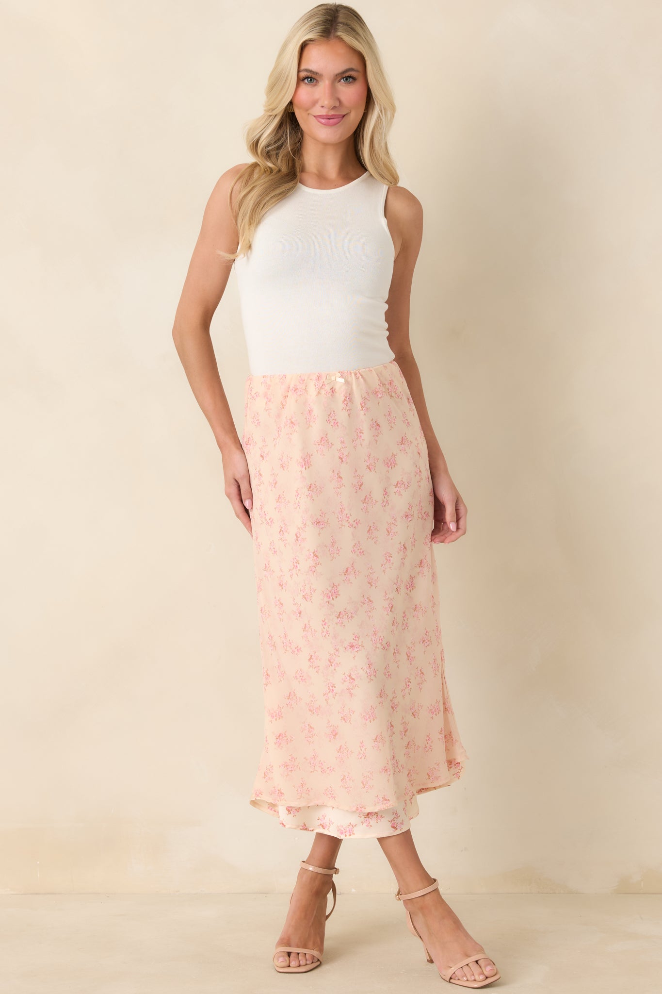 Women's Drifting in Dreams Pink Floral Chiffon Layered Midi Skirt | 100% Polyester 4