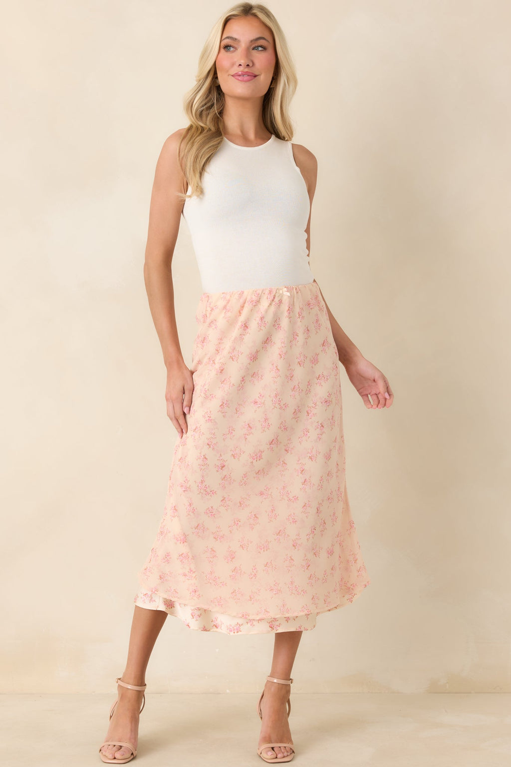 Women's Drifting in Dreams Pink Floral Chiffon Layered Midi Skirt | 100% Polyester 5