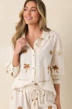 Women's Driftwood Days Light Beige Cotton Coastal Embroidered Button Down Top | 100% Cotton 1