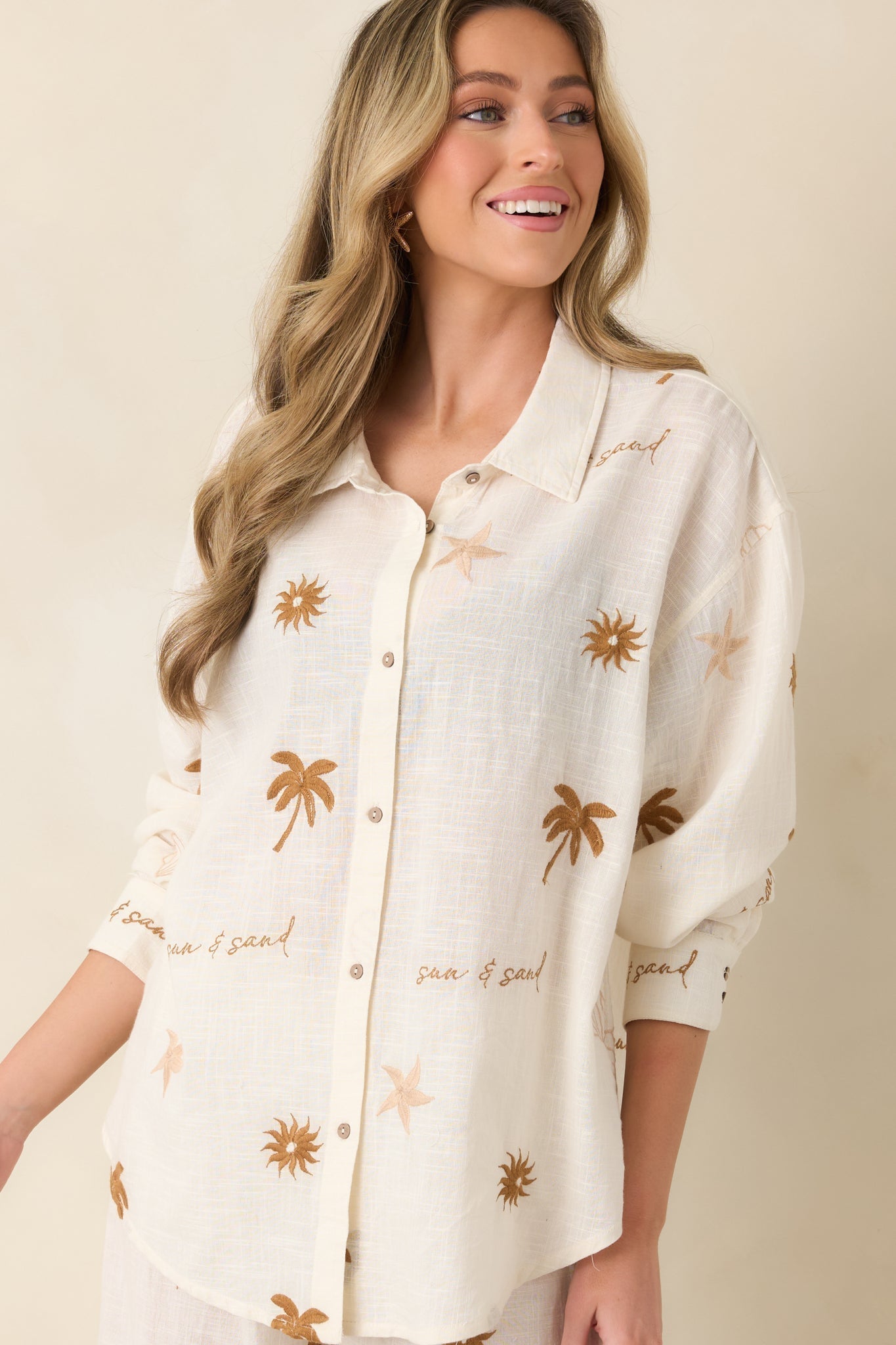 Women's Driftwood Days Light Beige Cotton Coastal Embroidered Button Down Top | 100% Cotton 3