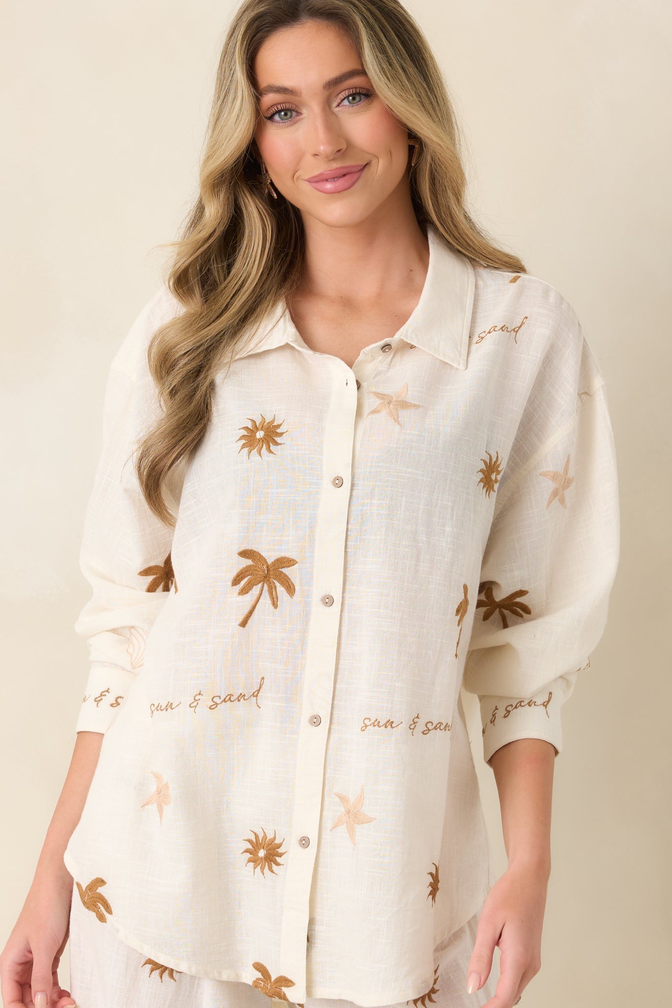 Women's Driftwood Days Light Beige Cotton Coastal Embroidered Button Down Top | 100% Cotton 4