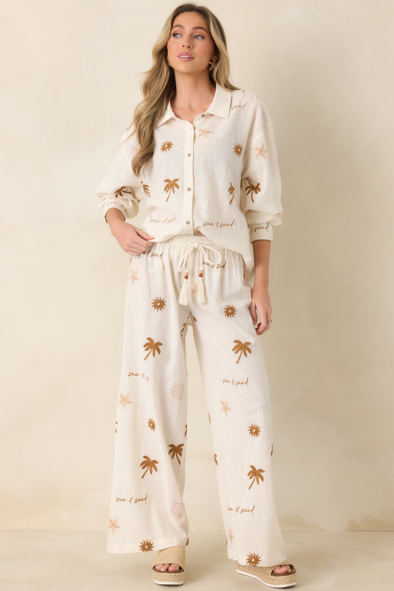 Women's Driftwood Days Light Beige Cotton Coastal Embroidered Button Down Top | 100% Cotton 5