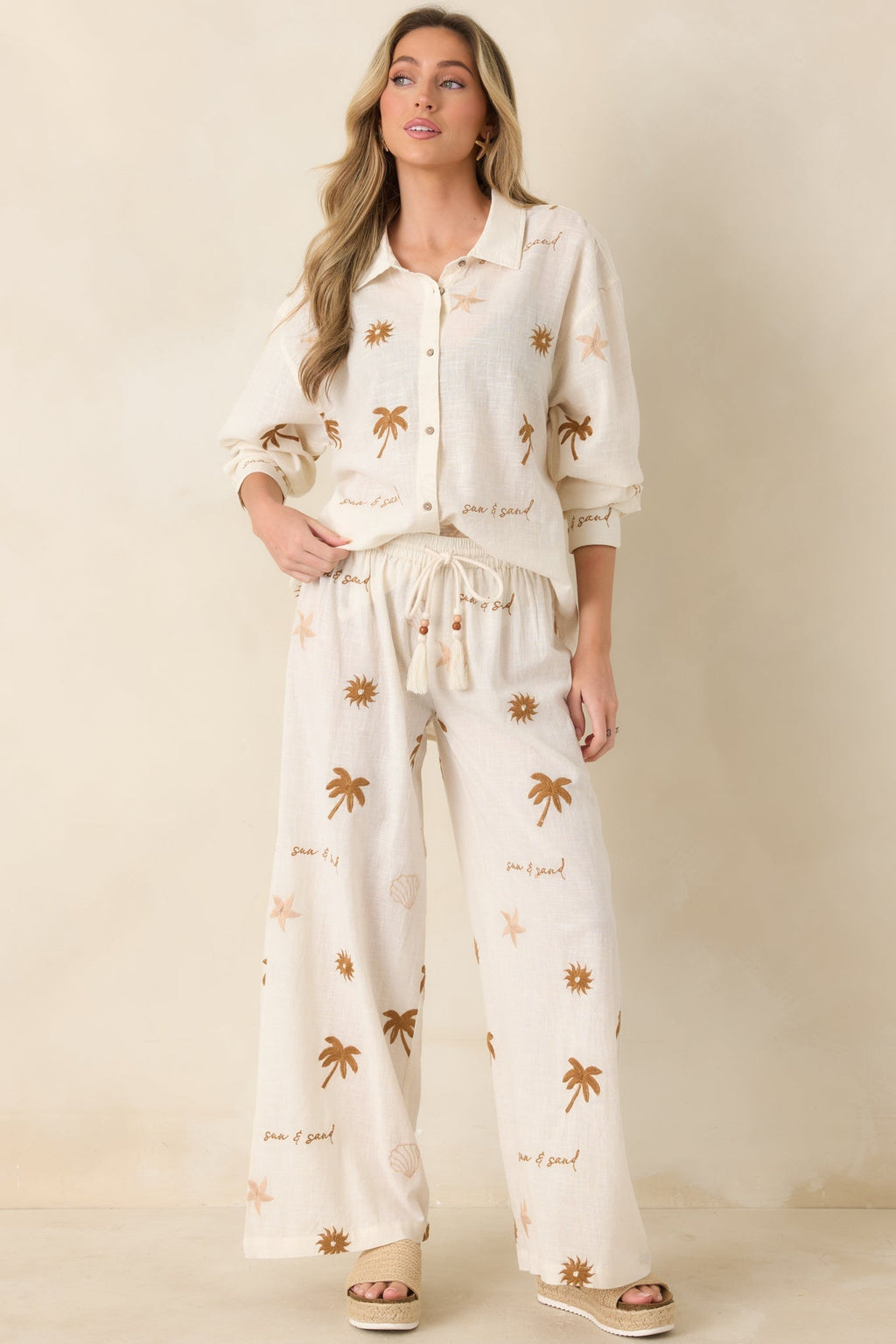 Women's Driftwood Days Light Beige Cotton Coastal Embroidered Button Down Top | 100% Cotton 5