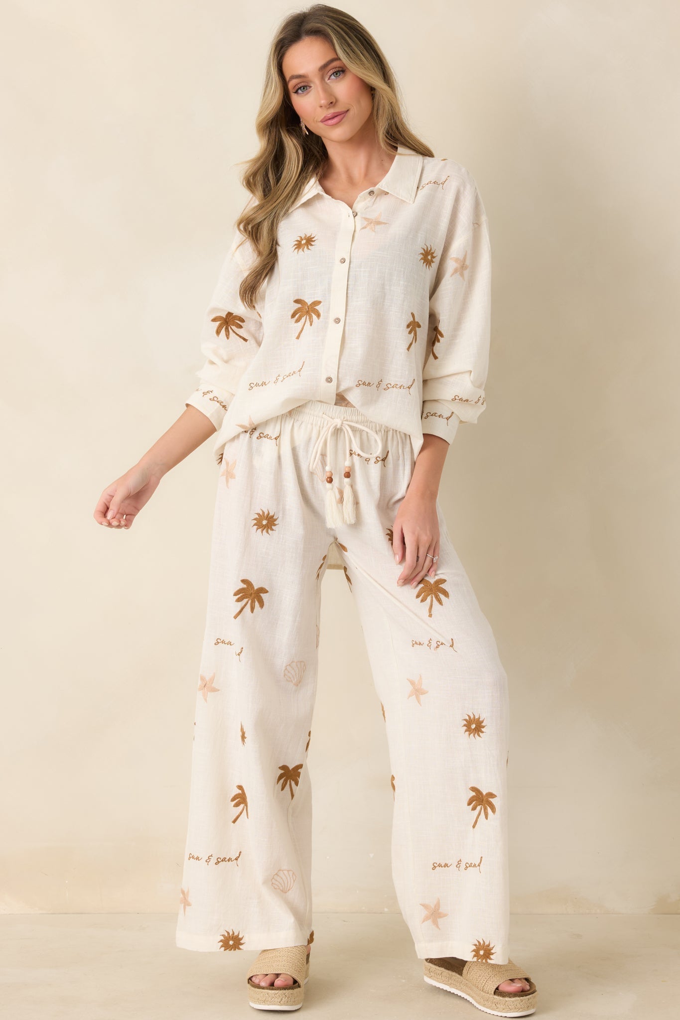 Women's Driftwood Days Light Beige Cotton Coastal Embroidered Button Down Top | 100% Cotton 6