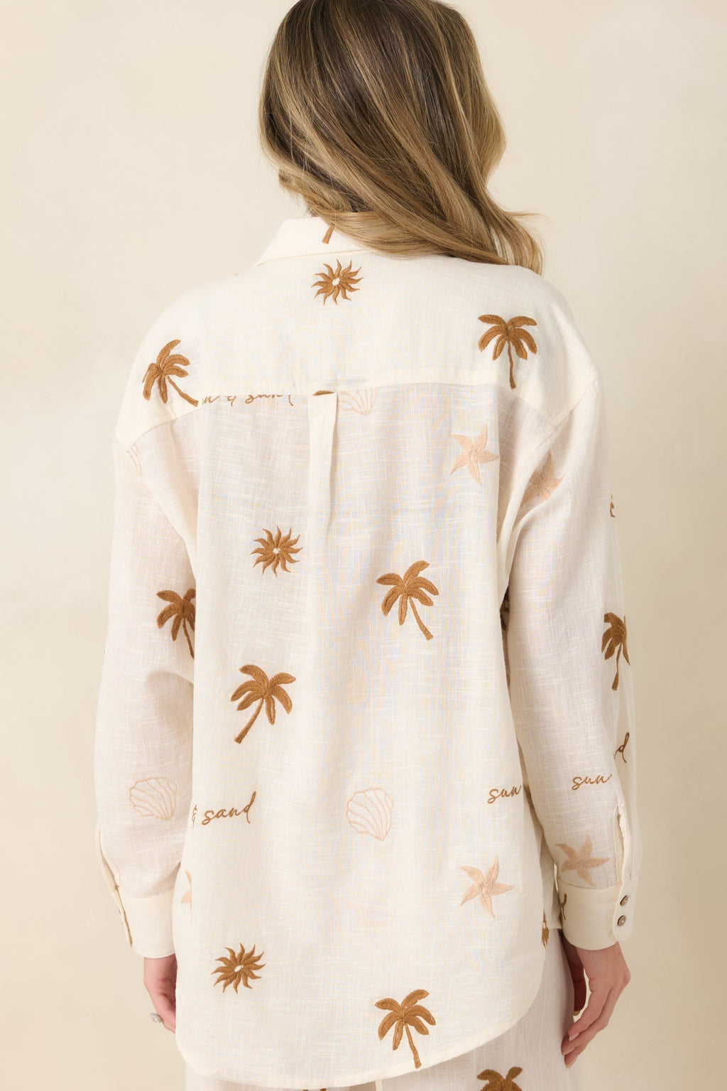 Women's Driftwood Days Light Beige Cotton Coastal Embroidered Button Down Top | 100% Cotton 7