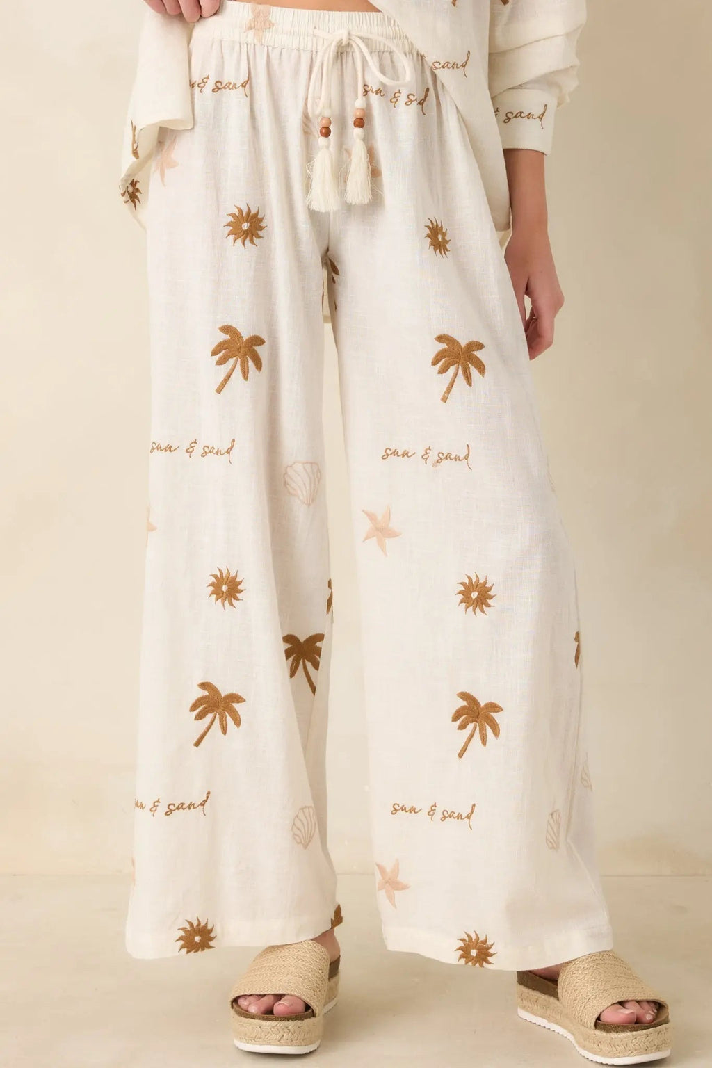 Women's Driftwood Days Light Beige Cotton Coastal Embroidered Wide Leg Pants | 100% Cotton 0