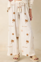 Women's Driftwood Days Light Beige Cotton Coastal Embroidered Wide Leg Pants | 100% Cotton 0