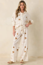Women's Driftwood Days Light Beige Cotton Coastal Embroidered Wide Leg Pants | 100% Cotton 2