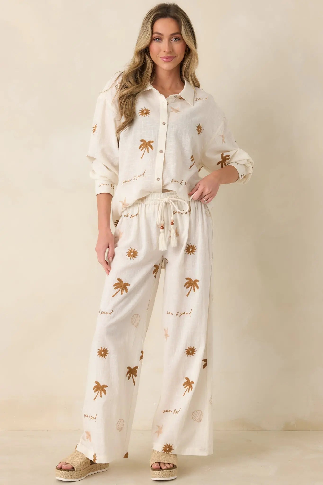 Women's Driftwood Days Light Beige Cotton Coastal Embroidered Wide Leg Pants | 100% Cotton 2