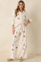 Women's Driftwood Days Light Beige Cotton Coastal Embroidered Wide Leg Pants | 100% Cotton 2