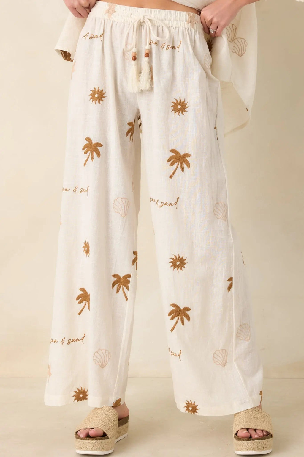 Women's Driftwood Days Light Beige Cotton Coastal Embroidered Wide Leg Pants | 100% Cotton 3