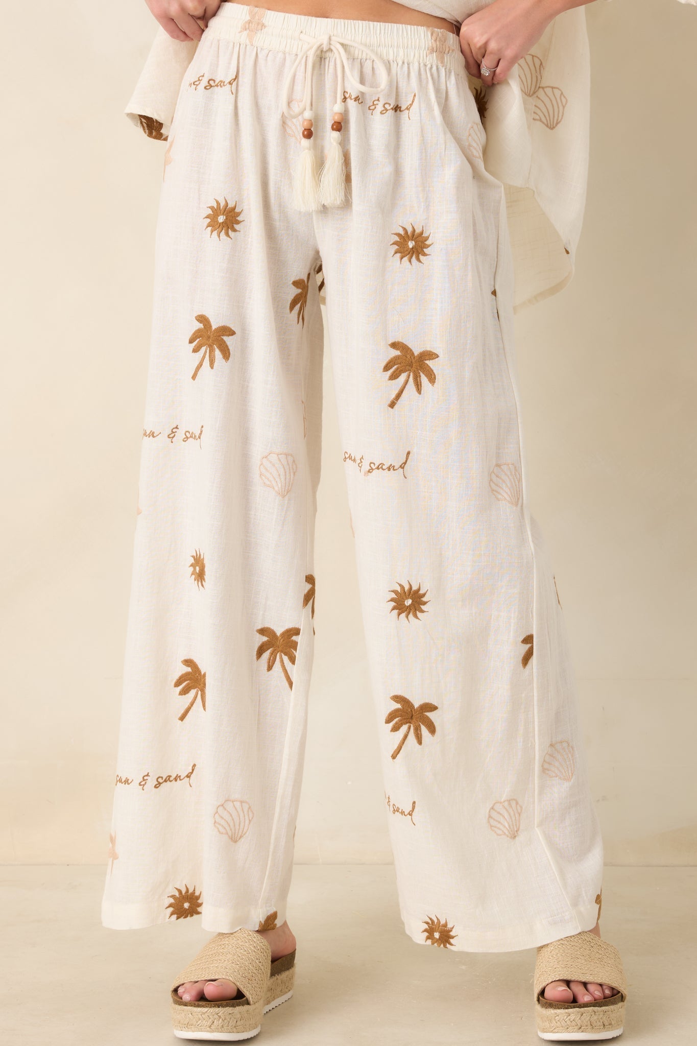 Women's Driftwood Days Light Beige Cotton Coastal Embroidered Wide Leg Pants | 100% Cotton 3