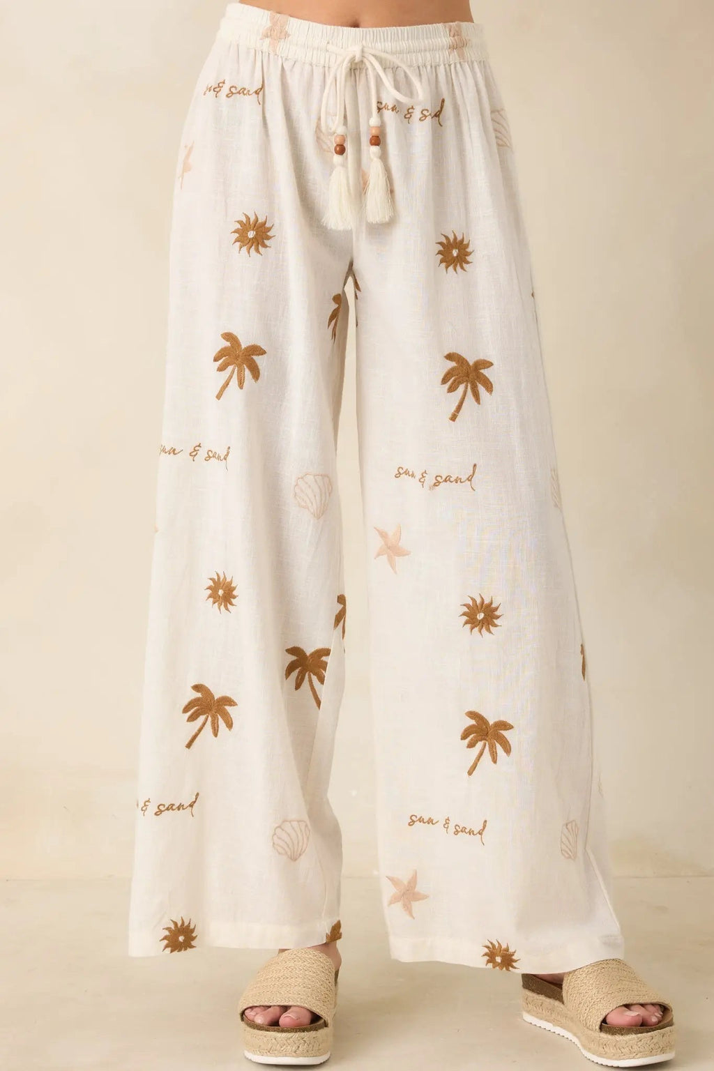 Women's Driftwood Days Light Beige Cotton Coastal Embroidered Wide Leg Pants | 100% Cotton 5