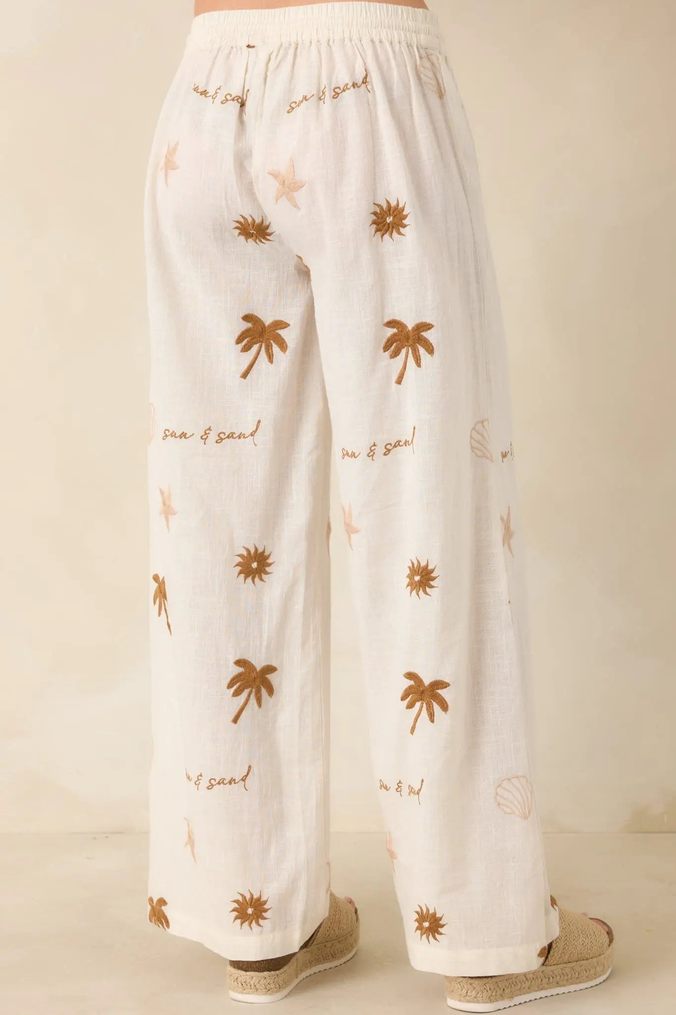 Women's Driftwood Days Light Beige Cotton Coastal Embroidered Wide Leg Pants | 100% Cotton 6