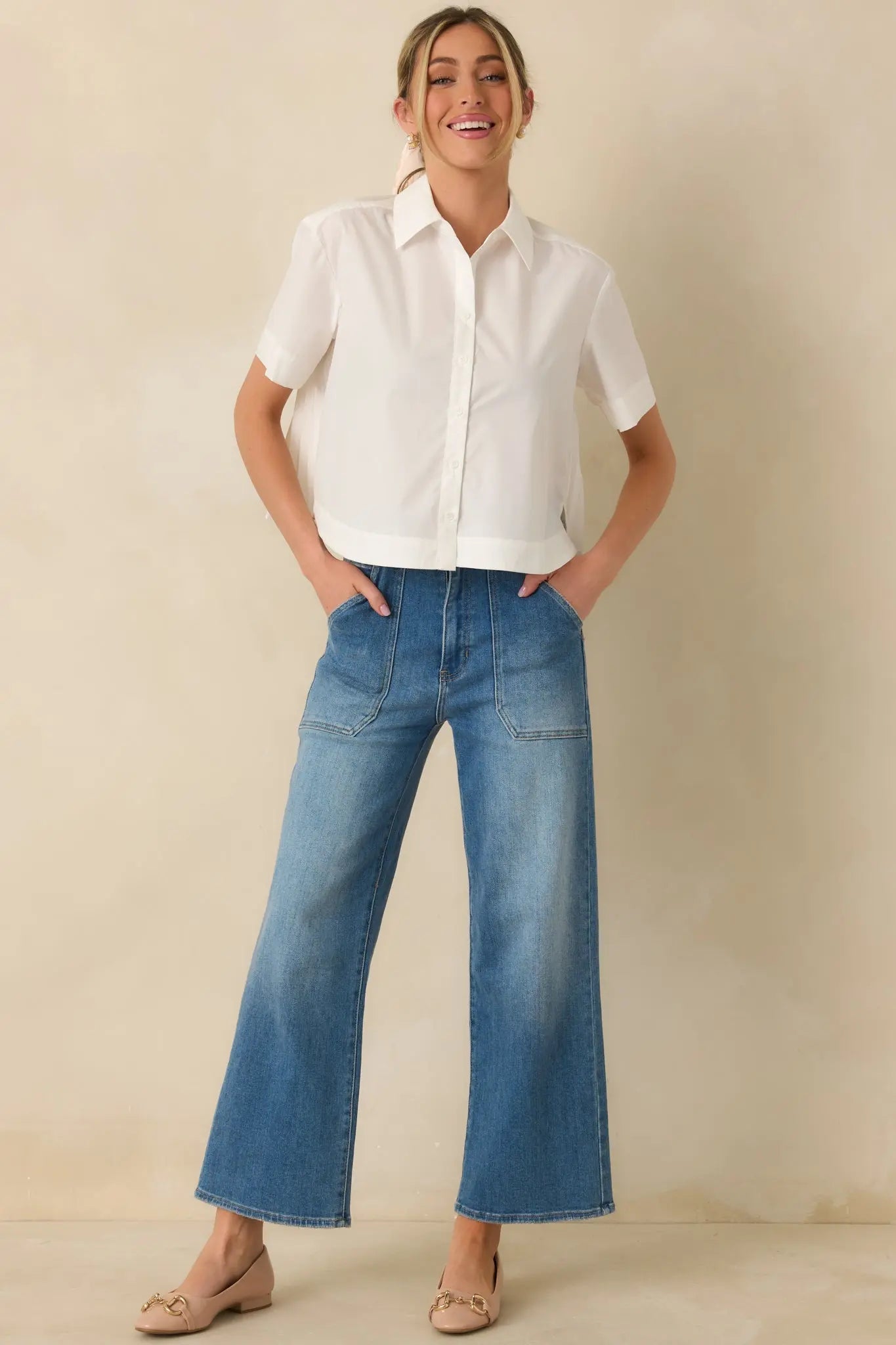 Women's Duly Noted White Pleated Back Button-Up Blouse | 65% Polyester & 35% Cotton 3