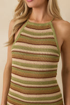Women's Earth Angel Green & Brown Stripe Crochet Halter Maxi Dress | 100% Polyester 1