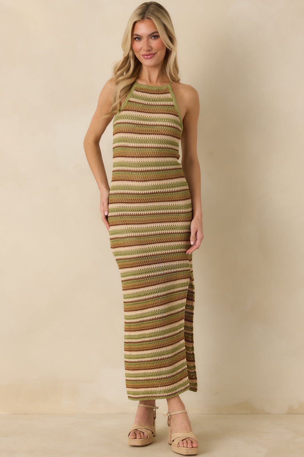 Women's Earth Angel Green & Brown Stripe Crochet Halter Maxi Dress | 100% Polyester 2