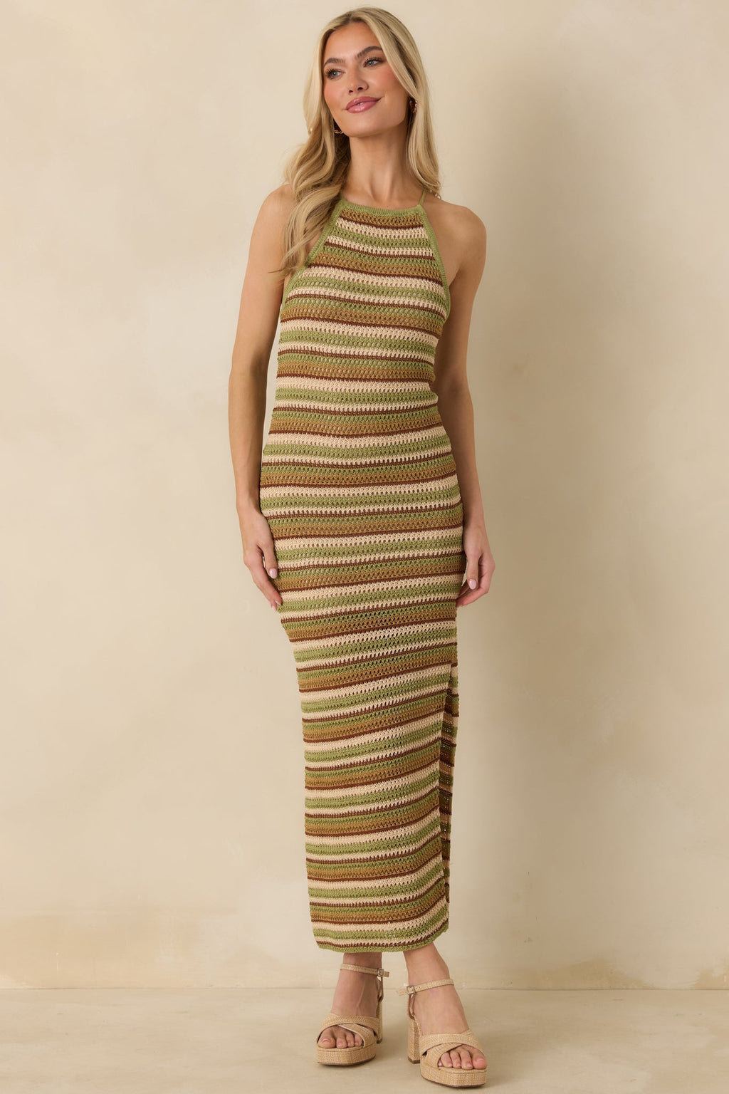 Women's Earth Angel Green & Brown Stripe Crochet Halter Maxi Dress | 100% Polyester 3