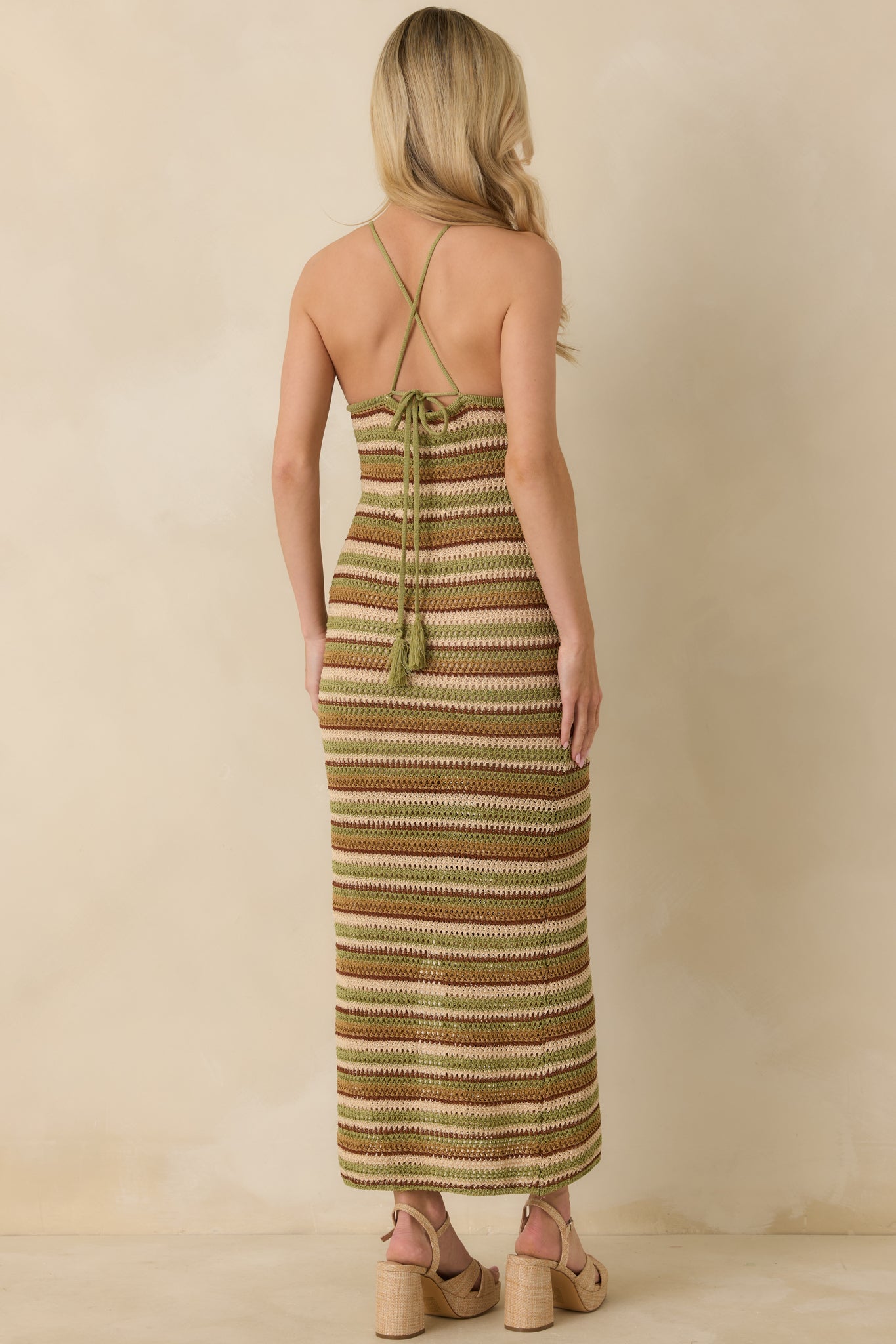 Women's Earth Angel Green & Brown Stripe Crochet Halter Maxi Dress | 100% Polyester 6