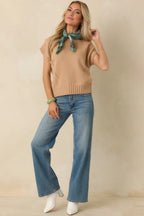 Women's Easy to Adore Tan Knit Short Sleeve Mock Neck Sweater | 60% Cotton & 40% Acrylic 0