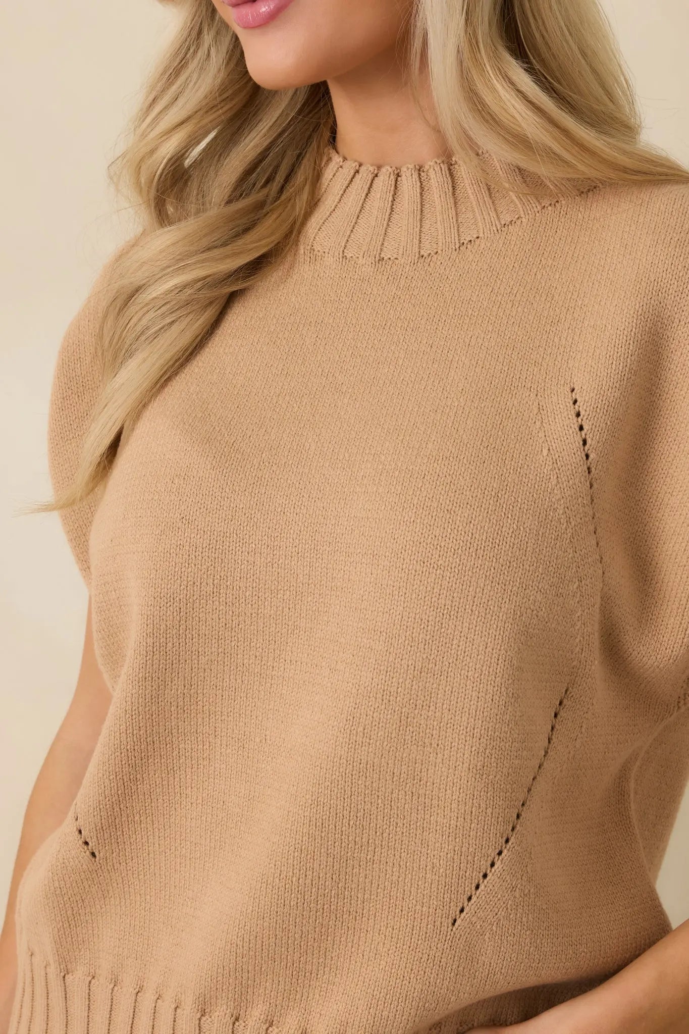 Women's Easy to Adore Tan Knit Short Sleeve Mock Neck Sweater | 60% Cotton & 40% Acrylic 1