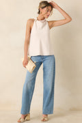 Women's Effortlessly Refined Light Beige Draped Neck Gold Accent Sleeveless Top | 97% Polyester & 3% Spandex 0