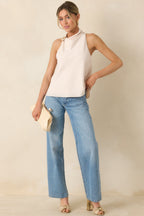 Women's Effortlessly Refined Light Beige Draped Neck Gold Accent Sleeveless Top | 97% Polyester & 3% Spandex 2