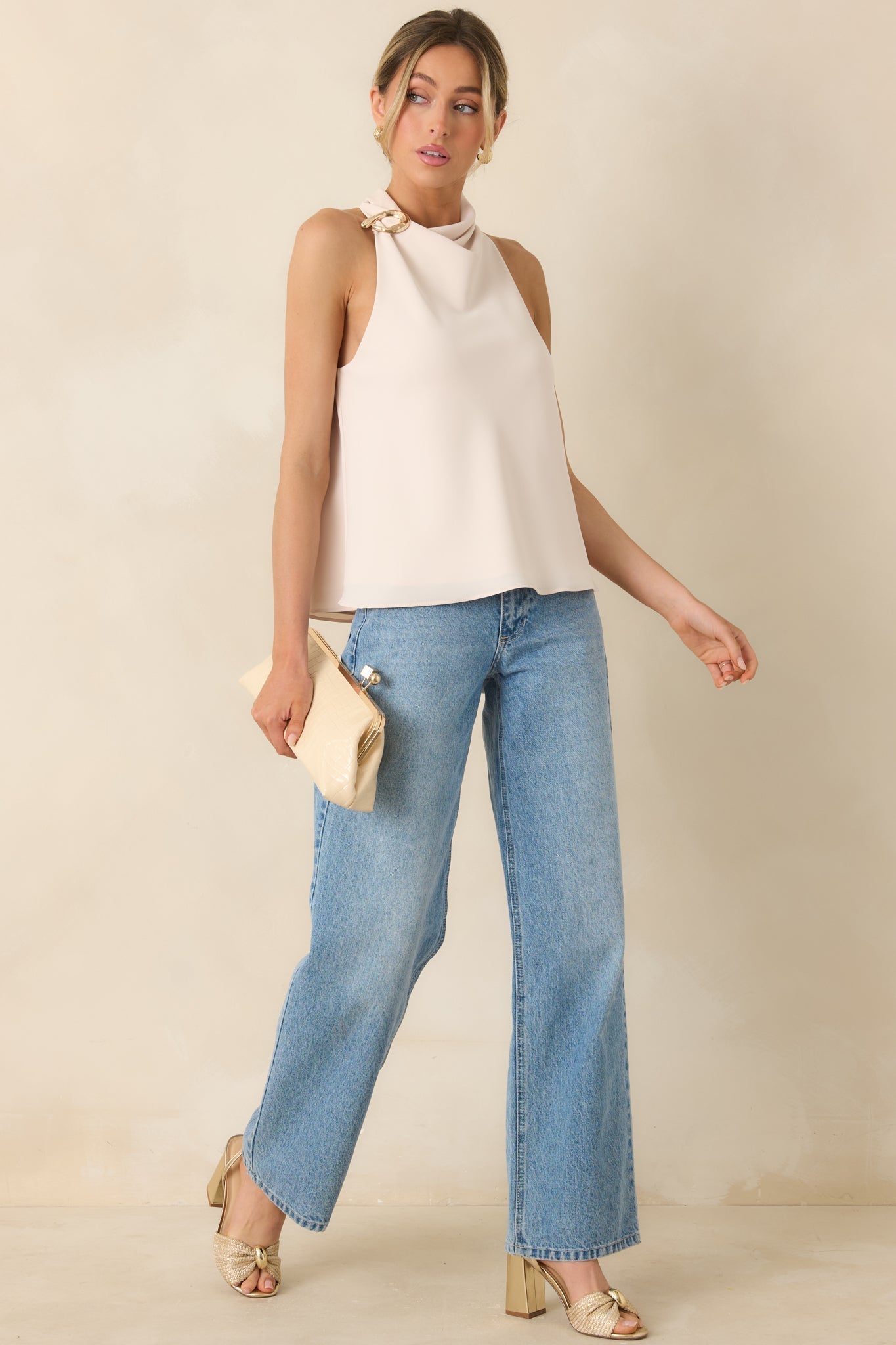 Women's Effortlessly Refined Light Beige Draped Neck Gold Accent Sleeveless Top | 97% Polyester & 3% Spandex 5