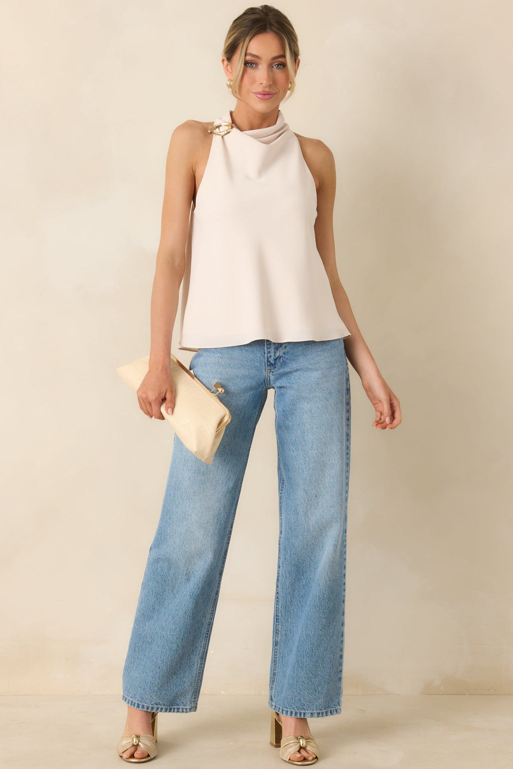 Women's Effortlessly Refined Light Beige Draped Neck Gold Accent Sleeveless Top | 97% Polyester & 3% Spandex 6
