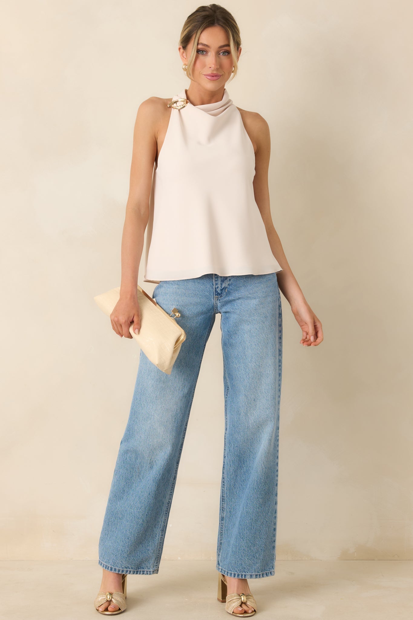 Women's Effortlessly Refined Light Beige Draped Neck Gold Accent Sleeveless Top | 97% Polyester & 3% Spandex 6
