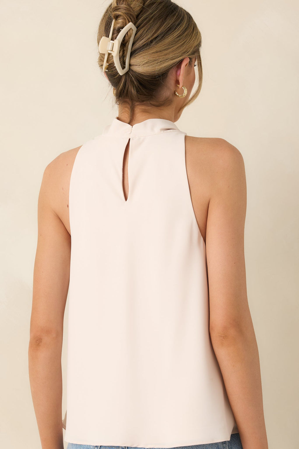 Women's Effortlessly Refined Light Beige Draped Neck Gold Accent Sleeveless Top | 97% Polyester & 3% Spandex 7