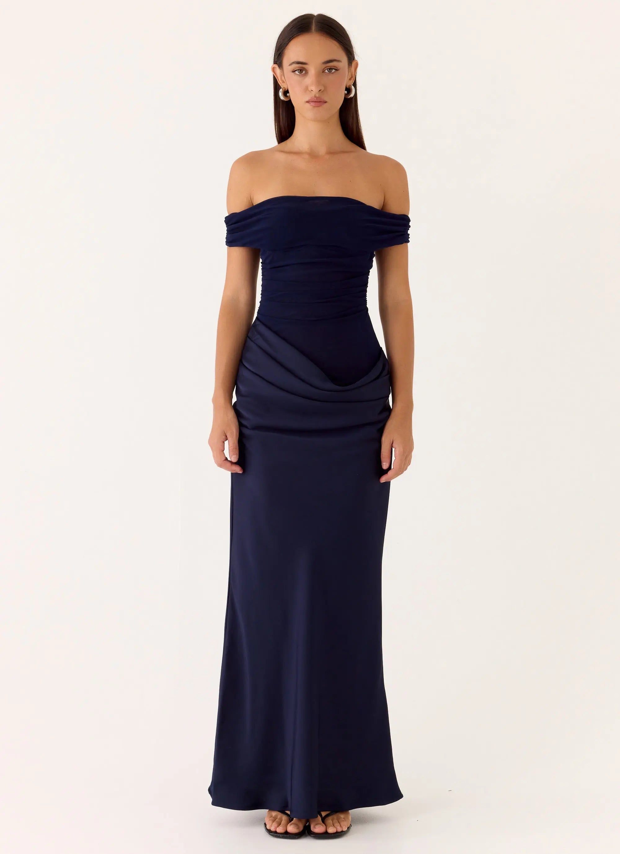 Women's Elegant Maxi Dress | Off-Shoulder Design with Sheer Mesh & Satin Bust | Luxurious Flow for Special Occasions - W 0