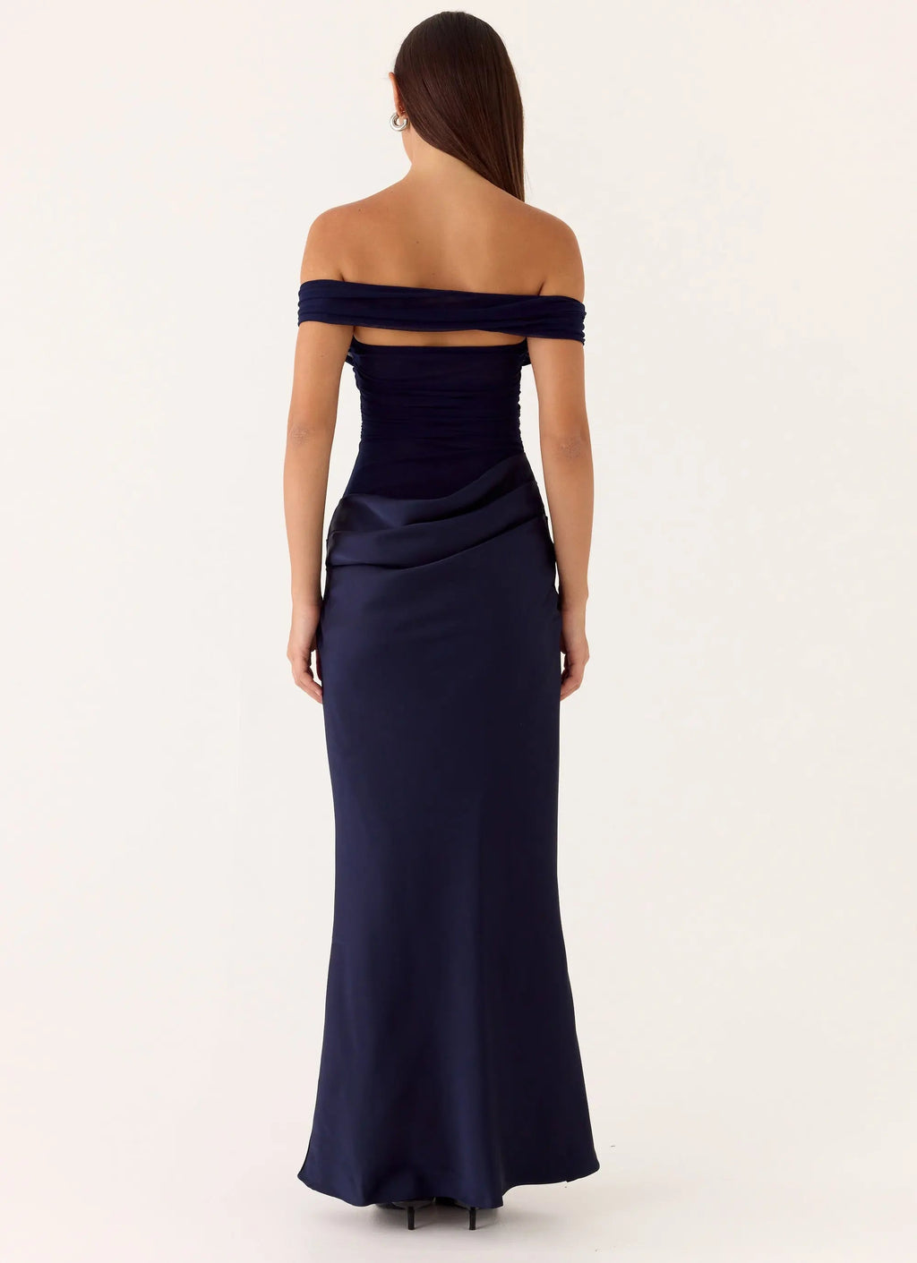 Women's Elegant Maxi Dress | Off-Shoulder Design with Sheer Mesh & Satin Bust | Luxurious Flow for Special Occasions - W 1